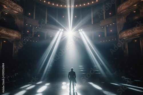 Fictional male artist on the big stage of an empty concert hall in the light of spotlights made with generative AI © Vitalii But