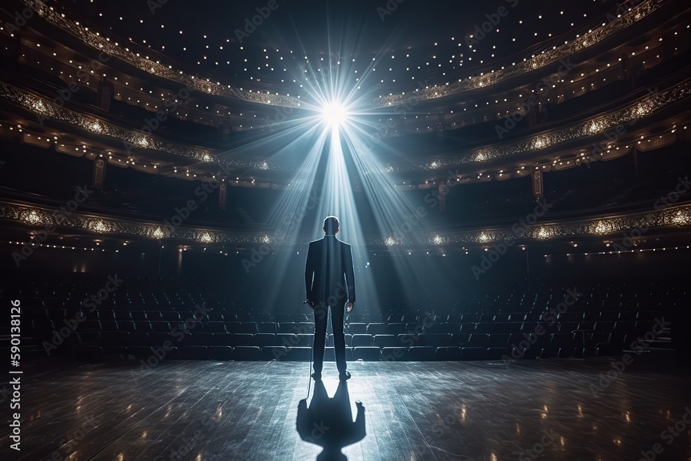 Fictional male artist on the big stage of an empty concert hall in the light of spotlights made