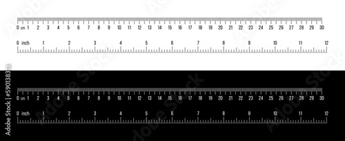 Ruler 30 cm, 12 inch. Set of ruler 30 cm 12 inch. Measuring tool. Ruler scale. Grid cm, inch. Size indicator units. Metric Centimeter, inch size indicators. White and black. photo