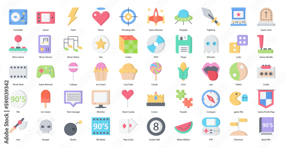 90's Flat Icons Party Icon Set in Color Style 50 Vector Icons 90's Flat Icons Party Icon Set in Color Style 50 Vector Icons