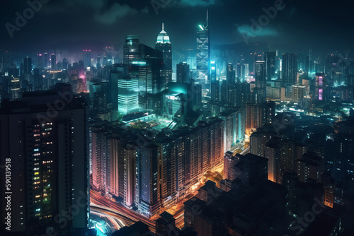 long exposure drone shot of mega city skyline at night  iluminated streets and signs  generative AI