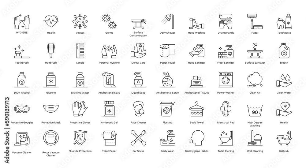 Hygiene Thin Line Icons Washing Corona Virus Icon Set in Color Style 50 Vector Icons in Black