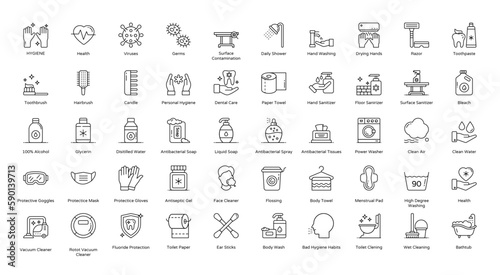 Hygiene Thin Line Icons Washing Corona Virus Icon Set in Color Style 50 Vector Icons in Black