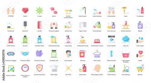 Hygiene Flat Icons Washing Corona Virus Icon Set in Color Style 50 Vector Icons