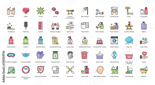 Hygiene Color Line Icons Washing Corona Virus Icon Set in Filled Outline Style 50 Vector Icons