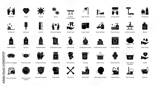 Hygiene Glyph Icons Washing Corona Virus Icon Set in Glyph Style 50 Vector Icons in Black