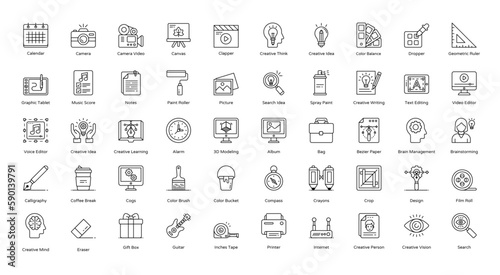 Creative Tools Thin Line Icons Graphic Design Icon Set in Outline Style 50 Vector Icons in Black