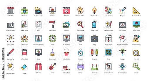 Creative Tools Color Line Icons Graphic Design Icon Set in Filled Outline Style 50 Vector Icons