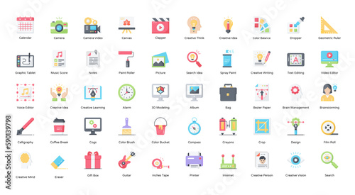 Creative Tools Flat Icons Graphic Design Icon Set in Color Style 50 Vector Icons