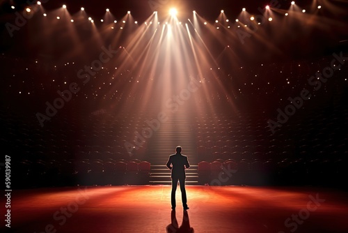 Fotografia Fictional male artist on the big stage of an empty concert hall in the light of