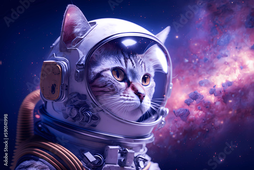 Surreal cute cat astronaut portrait in vibrant colorful outer space. Realistic cat close-up in space suit-digital art. Ai generated illustration