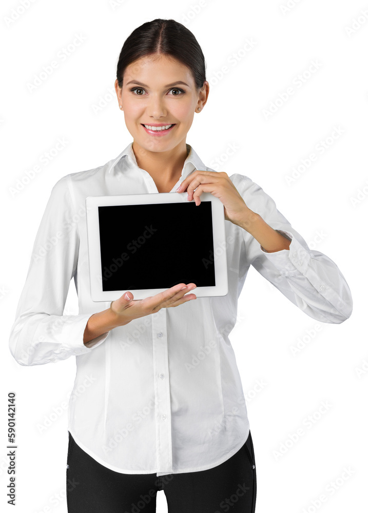 Young cute woman using digital tablet isolated on white background Young cute woman using digital tablet isolated on white background
