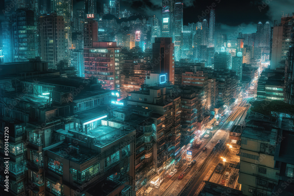 long exposure drone shot of mega city skyline at night, iluminated streets and signs, generative AI long exposure drone shot of mega city skyline at night, iluminated streets and signs, generative AI