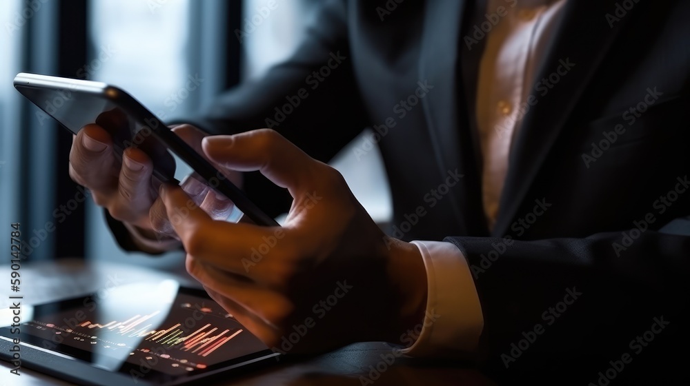 Man manager sitting at table surfing the internet. A businessman holds a tablet. AI generated