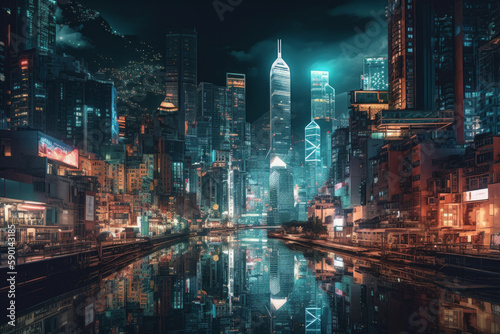 long exposure drone shot of mega city skyline at night, iluminated streets and signs, generative AI © Christian