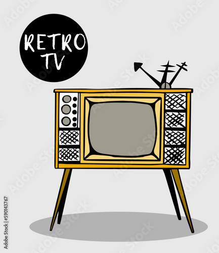 vintage old tv with bulging kinescope and antenna on top in vintage style. Retro old TV receiver on a wooden case.