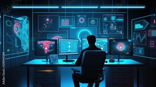 Hacker hacking a network system with a laptop computer, danger for cyber security and antivirus commercial purpose, abstract illustration. AI generated