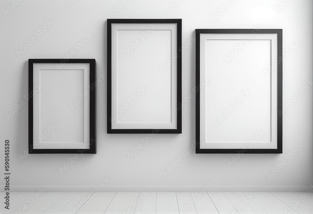 Three minimalistic black frames on wall mockup Three minimalistic black frames on wall mockup