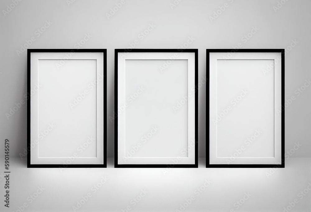 Three minimalistic black frames on wall mockup Three minimalistic black frames on wall mockup
