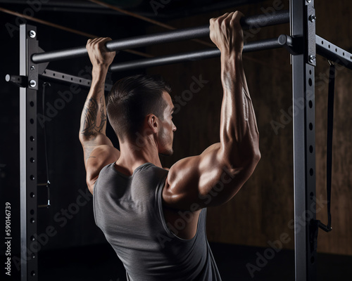 Muscular Man Performing Pull-ups, Challenging Gym Workout, Generative AI