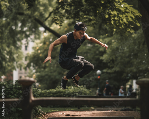 Agile Asian Freerunner Leaps Over Obstacle, Parkour Action, Generative AI © Sven