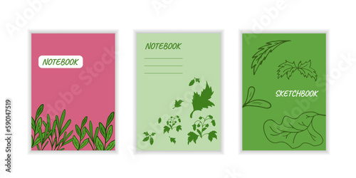 Cover notebook with leaves. Templates drawing natural pattern. Leaves  stroke  pink and green color.