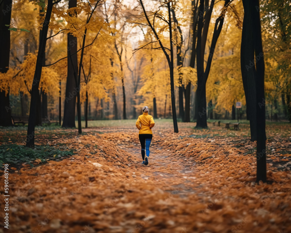 Fit Woman Embracing Autumn Park Run, Nature Workout, Generative AI Fit Woman Embracing Autumn Park Run, Nature Workout, Generative AI