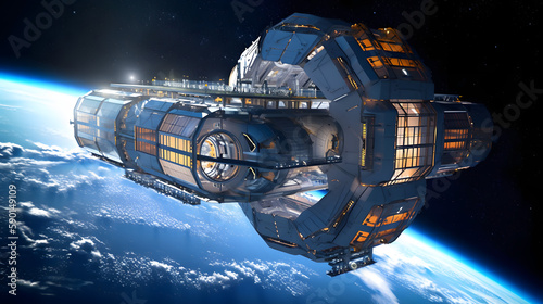 a space station which is also a luxury futuristic hotel for space tourists. Floating in deep space. Epic futuristic spacecore technocore architecture. A stunning dramatic panoramic view of earth