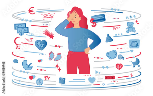 The young mother is tired. The circle of children's worries. Pregnancy, postpartum depression and loneliness.  Icons on a children's theme. Facepalm.