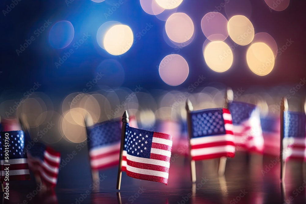 American Flags with copy space blurred background. Happy Presidents' Day Text Over Blue Bokeh Lights Texture Background and American Flags. Generative AI