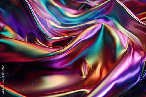 Iridescent chrome wavy gradient cloth fabric abstract background, ultraviolet holographic foil texture, liquid surface, ripples, metallic reflection. Generative AI