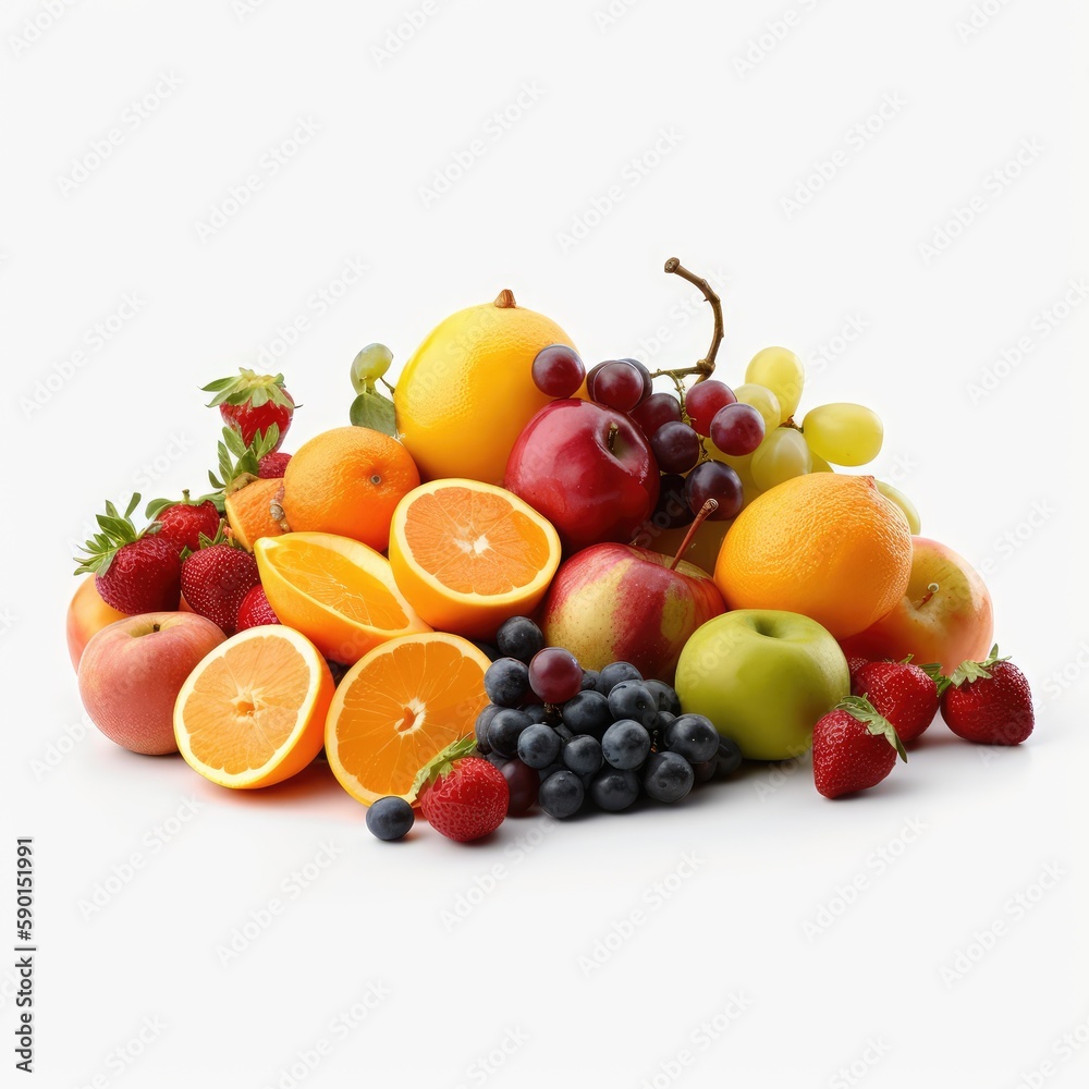 Heap of different fruits and berries isolated on white background. The concept of a healthy lifestyle. AI generated Heap of different fruits and berries isolated on white background. The concept of a healthy lifestyle. AI generated