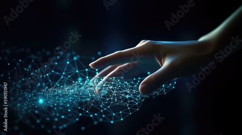 Abstract technology background with man hand. Network connections with points and lines. Ai tech wire network futuristic wireframe. AI generated