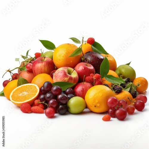 Heap of different fruits and berries isolated on white background. The concept of a healthy lifestyle. AI generated