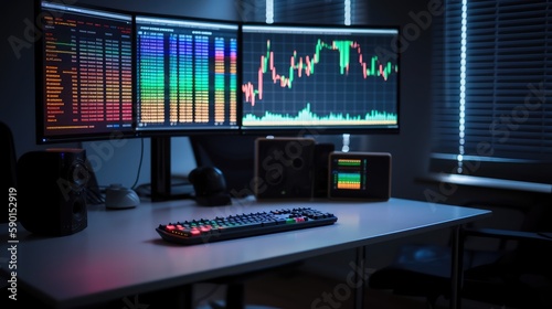 An office with monitors depicting color traders of the exchange. Data Analytics. AI generated