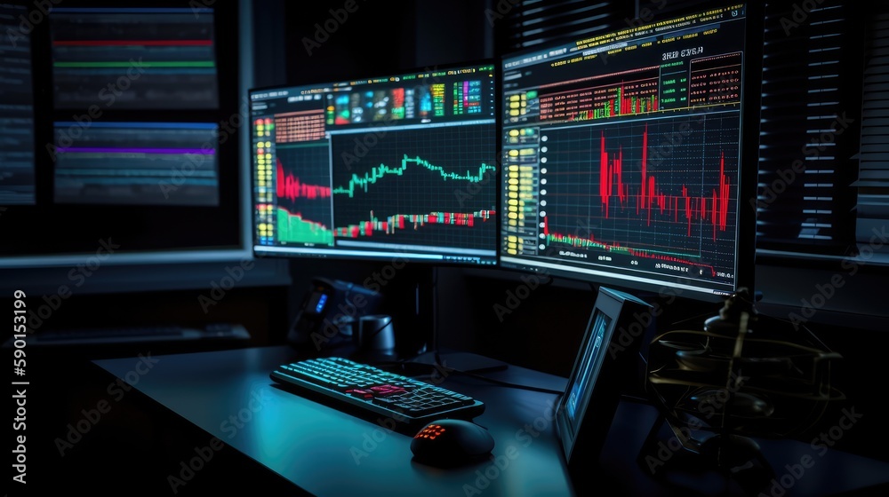 Naklejka premium Color trader of stock exchanges on monitors. Data Analytics. AI generated