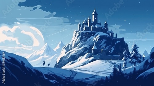 Castle on Snow-Covered Mountain Landscape (Generative AI) © senadesign