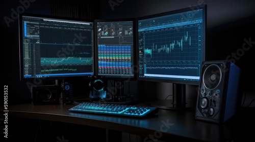 An office with monitors depicting color traders of the exchange. Data Analytics. AI generated