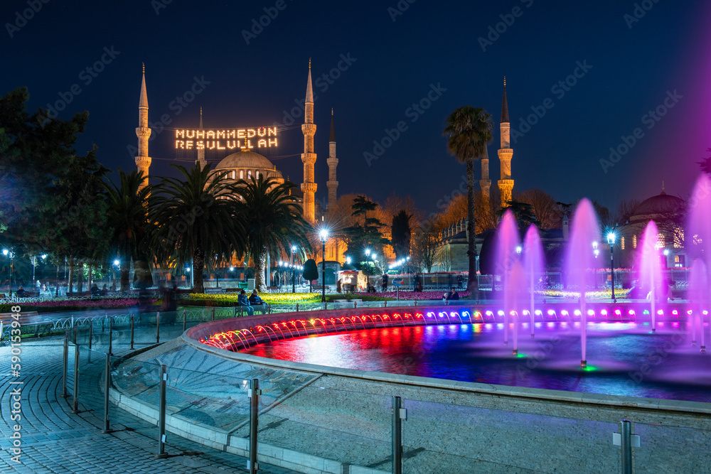 The Blue Mosque in Istanbul, Turkey. (Sultanahmet Camii). Only mosque in Istanbul with six minarets. Mosque with lights for Ramadan.