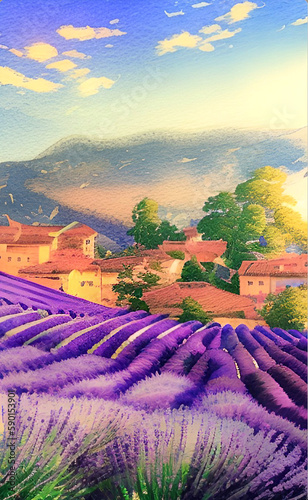 Landscape illustration with blooming lavender and houses