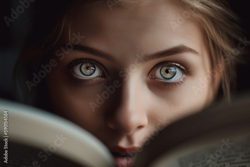 A young girl with beautiful eyes looking at you over the top of a book she is reading.  Generative AI.