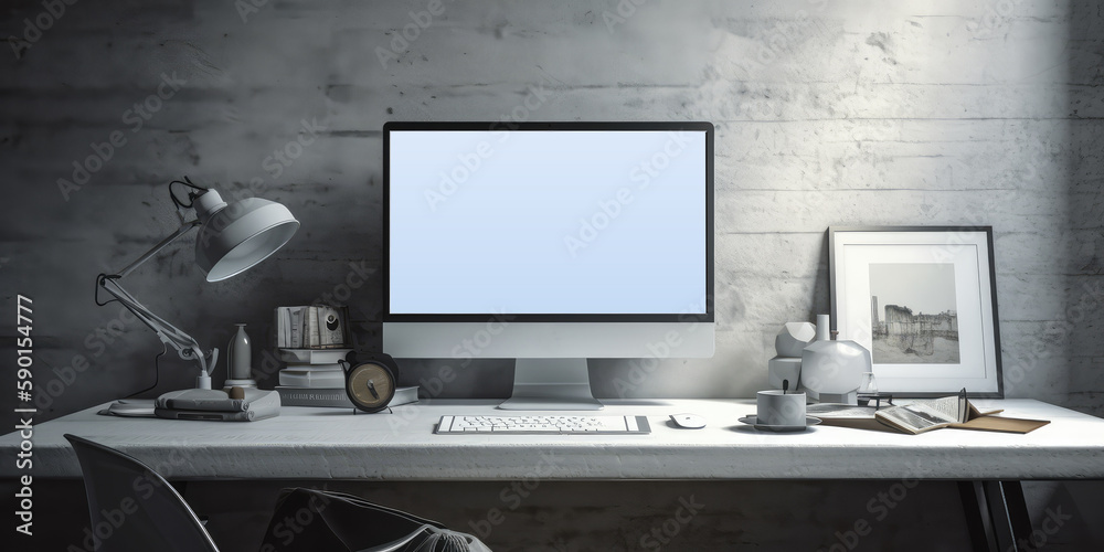 Fototapeta premium Computer on the desktop, light background. Office interior. AI generated