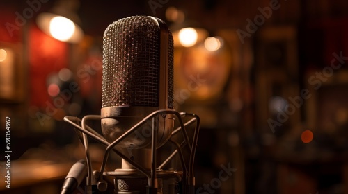 Close-up of an old studio microphone with lots of bokeh (Generative AI)