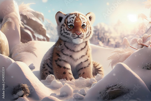 Cute small tiger cub in snow in the sunshine. Kids book fantasy illustration, generative AI digital art.