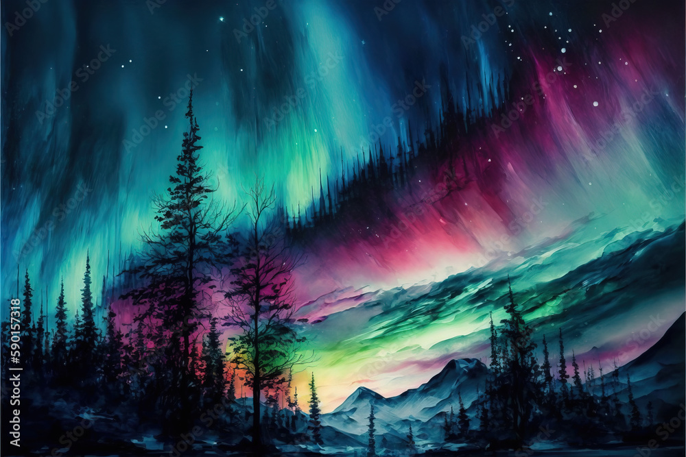 Multicolored northern lights. Aurora borealis. AI Generative illustration