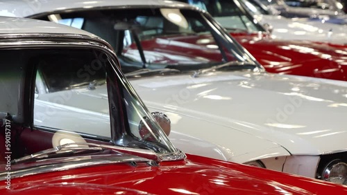Dolly shot of vintage retro car hoods painted in red and white. Old transport exhibition or auction.