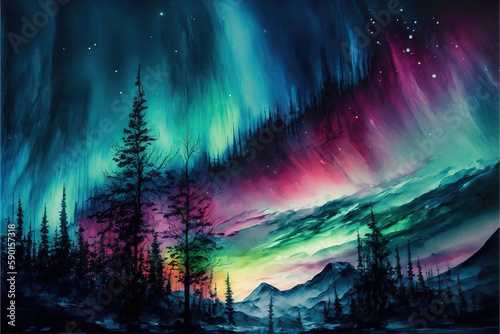Multicolored northern lights. Aurora borealis. AI Generative illustration © WhataWin