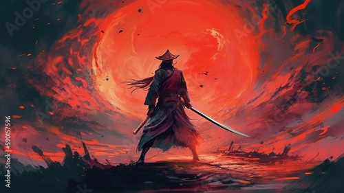 A samurai in a demonic red mask on the battlefield. Generative AI.