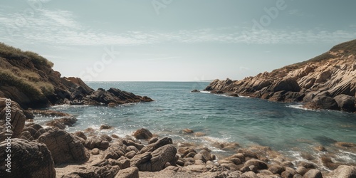 Rocks by the sea. Coastline landscape and seascape with dramatic cliffs. Beauty of nature concept background. Breathtaking summer seascape. Background. Generative AI