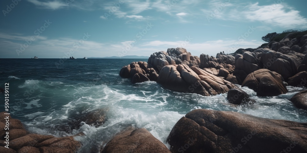 Obraz premium Rocks by the sea. Coastline landscape and seascape with dramatic cliffs. Beauty of nature concept background. Breathtaking summer seascape. Background. Generative AI
